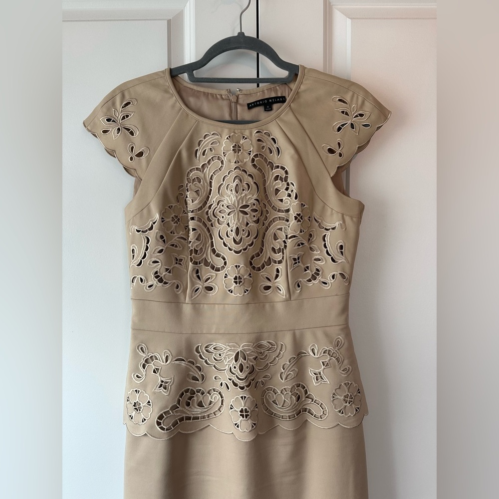Antonio Melani Peplum Eyelet Lace Detail Nude Dress (Size 4) - Picture 2 of 9